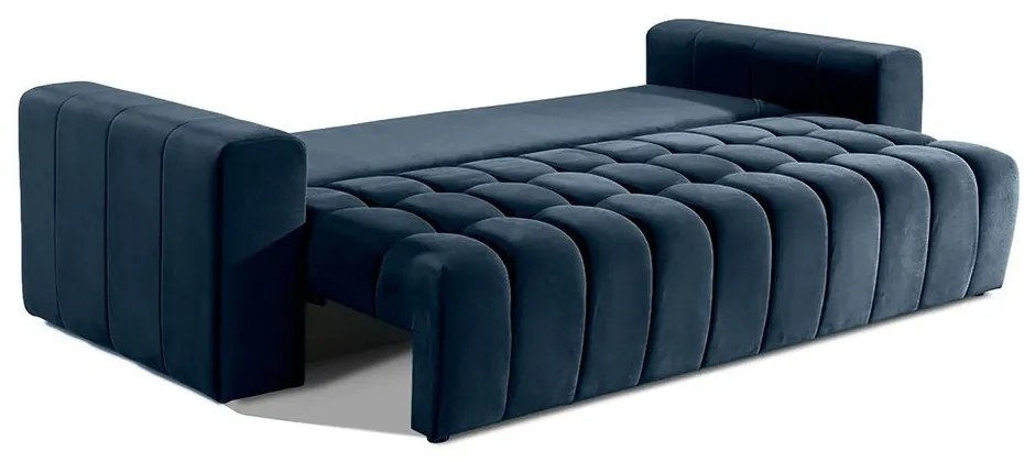 Sötétkék bársony kinyitható-tárolóhelyes kanapé 247 cm Lazaro – ELTAP