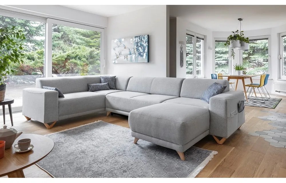 Világosszürke kinyitható-tárolóhelyes sarokkanapé (bal oldali-U alakú) Classy Sophie – Miuform