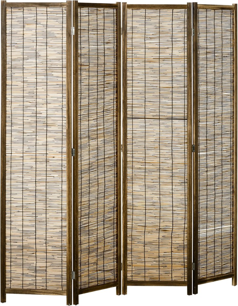 HOMCOM 4-Felületű Összecsukható Szobafal 160 cm x 1.8 cm x 170 cm Rusztikus Stílusú Fa és Nádszövet Szobai Elkülönítő | Aosom