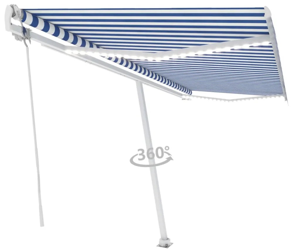 kék/fehér automata szélérzékelős és LED-es napellenző 500x350cm