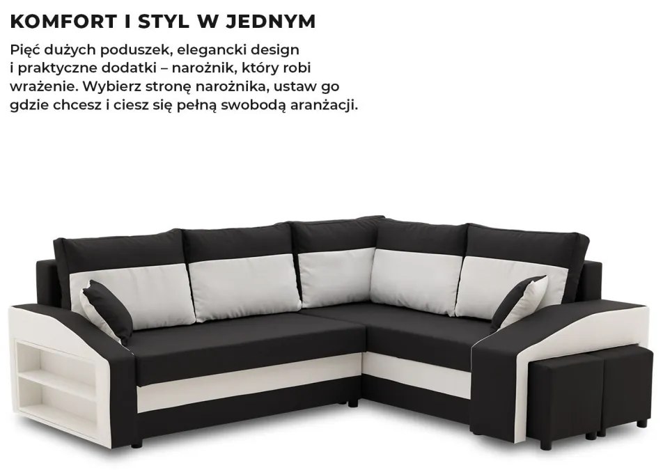 Grande sarokkanapé polcokkal és puffokkal , polc a bal karfaban puffok a jobb karfaban, jobboldali, szövet anyag, hab töltet, fekete - fehér
