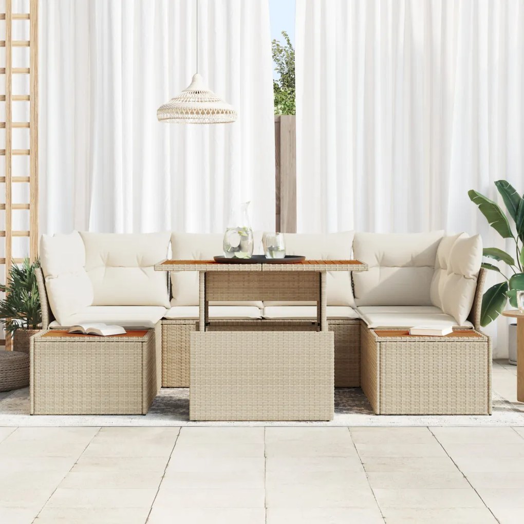 6 Darabos Kert Sofa Szett Párnákkal Bézs Poli Rattan