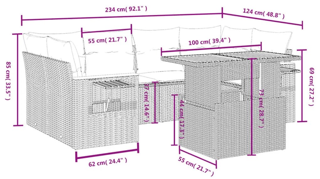 7 részes bézs polyrattan kerti ülőgarnitúra párnákkal