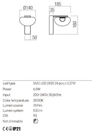 Redo 01-3241 - SINCLAIR LED fali lámpa 6,5W 230V CRI 93 IP21 arany