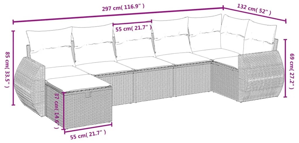 7 részes szürke polyrattan kerti ülőgarnitúra párnákkal