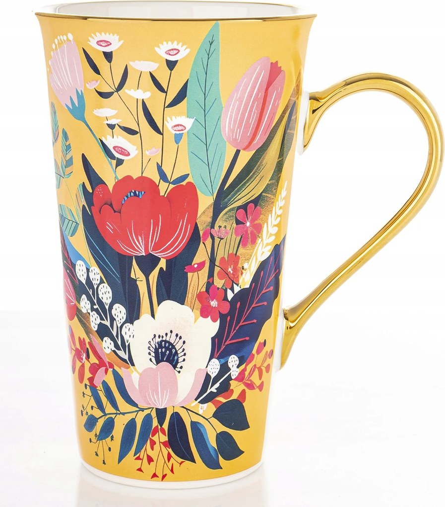 Glamour porcelán bögre 700 ml nagy, arany füllel, virág motívummal