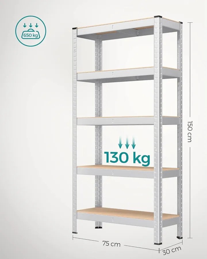5 szintes polcrendszer, acél polcrendszer tároláshoz, csavarmentes összeszerelés, teherbírás 650 kg, 30 x 75 x 150 cm, ezüst