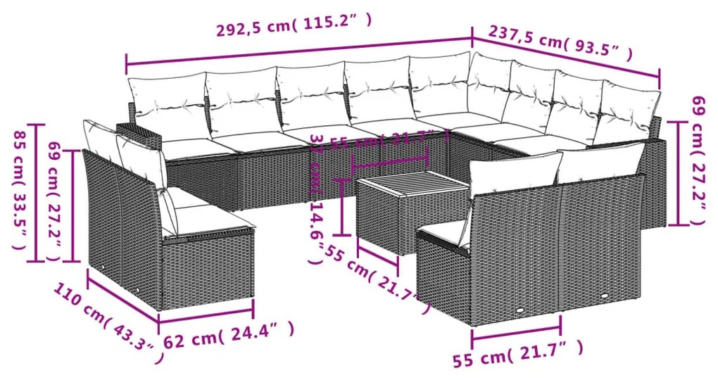 13 részes bézs polyrattan kerti ülőgarnitúra párnákkal