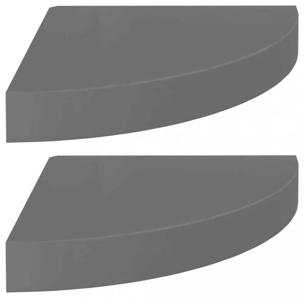 2 db magasfényű szürke MDF lebegő sarokpolc 25 x 25 x 3,8 cm