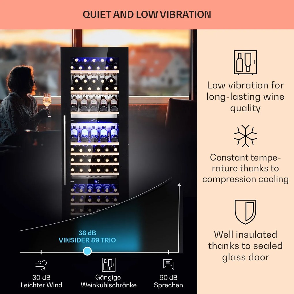 Klarstein Vinsider 89 Trio, beépített borhűtő, 5 - 18 °C, érintőképernyős vezérlőpanel, fa polcok