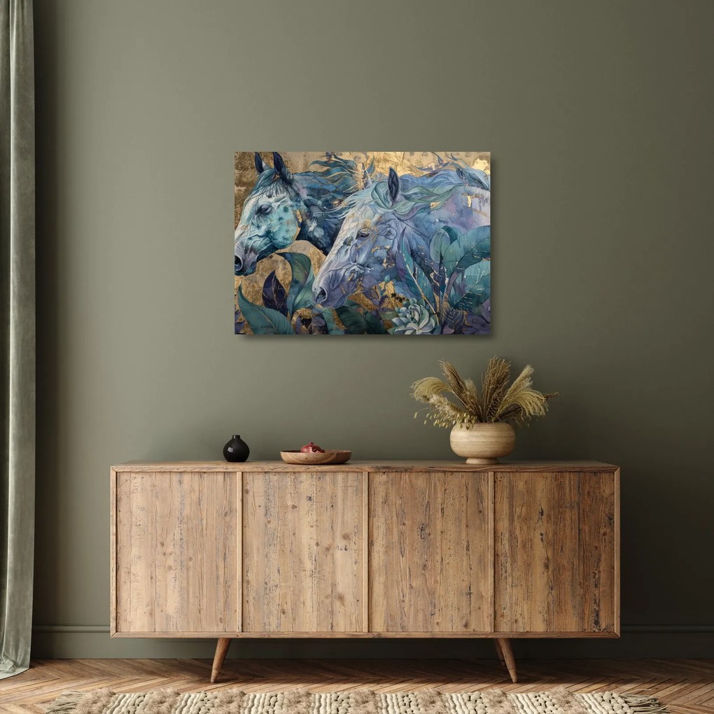 Üveg kép - Lovak arany háttérrel (70x50 cm)