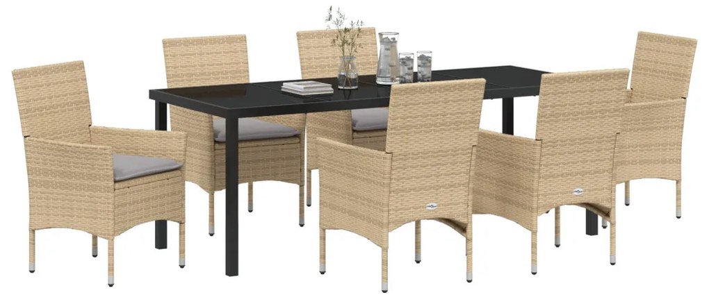 7 Részes Kerti Étkezőszett Párnákkal Bézs Polirattan, Kerti Asztal Fekete 200x80x73 cm Edzett Üveg