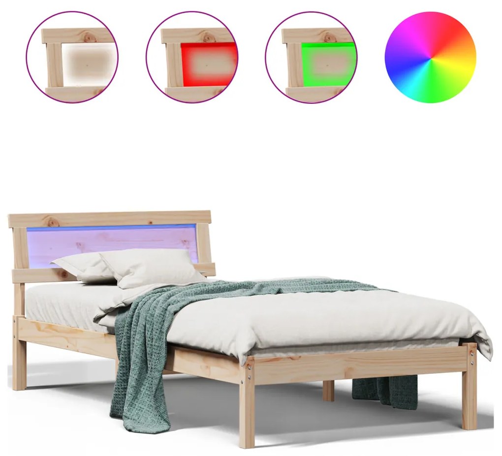 Ágykeret Fejtámlával és LED-del 80x200 cm Tömör Fenyő Fa