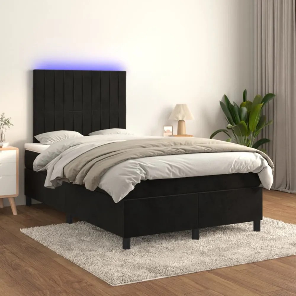fekete bársony rugós és LED-es ágy matraccal 120x200 cm
