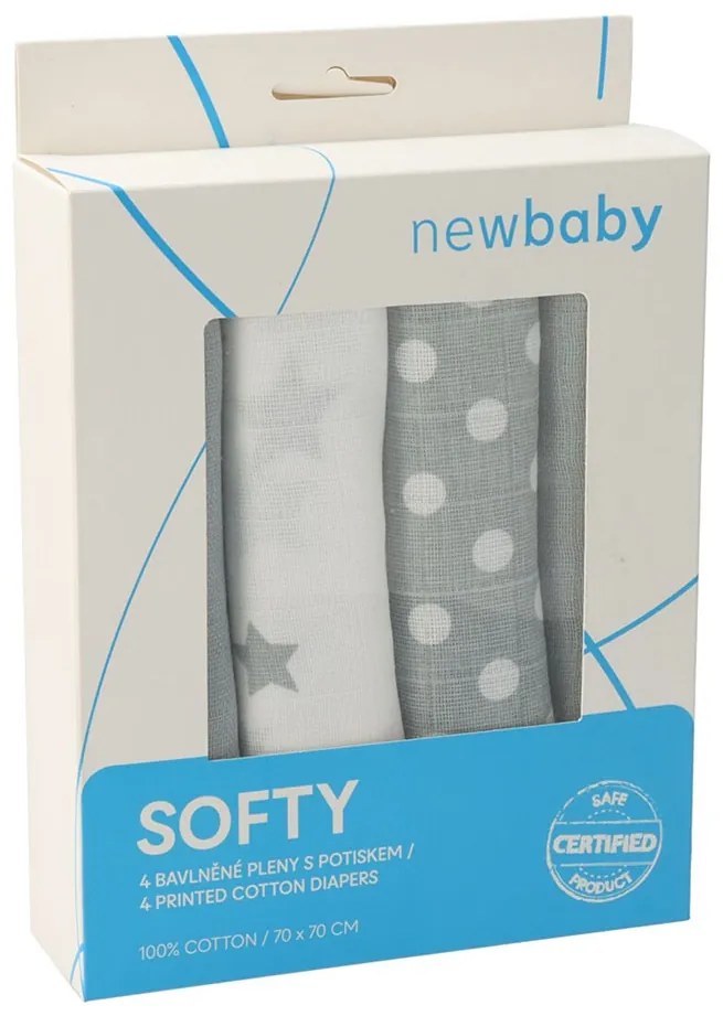 Pamut tetra pelenka New Baby Softy nyomtatott mintával 70 x 70 cm 4 db fehér-szürke