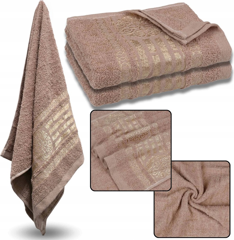 Barna pamut törölköző arany hímzéssel, fürdőlepedő 70x135 cm x2