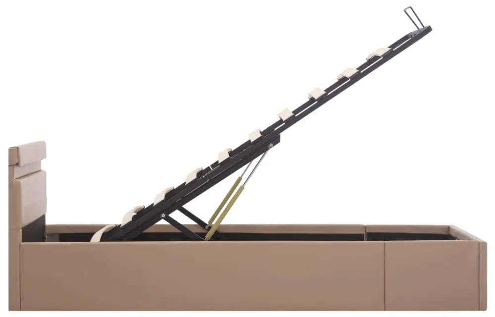 kávészínű műbőr LED-es hidraulikus ágykeret 100 x 200 cm