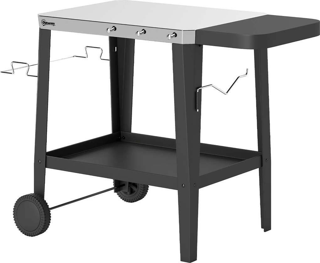Outsunny rozsdamentes acél konyhai és BBQ kocsi kerekekkel, összecsukható oldallappal, törlőpapír- és törölközőtartóval — fekete (115 x 67,5 x 80,5 cm