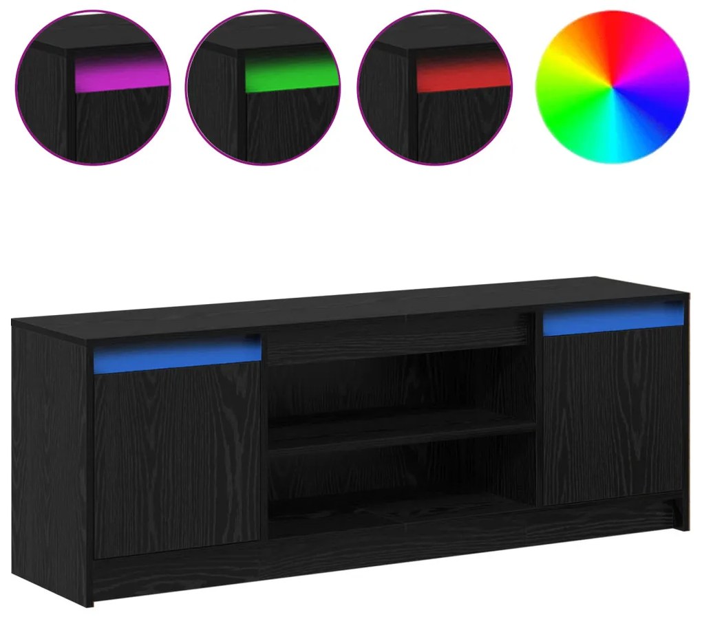 TV Szekrény LED Fekete Kőrisből, 139.5x34x50 cm, Mérnöki Fa Anyagból