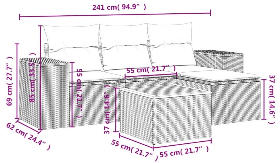 5 részes fekete polyrattan kerti kanapészett párnákkal