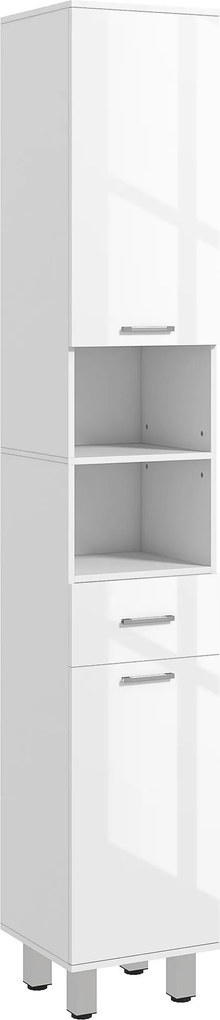 kleankin Modern Fürdőszobai Szekrény 1 Fiókkal, 3 Állítható Polccal és 2 Szekrénnyel, Tárolószekrény Nappaliba vagy Hálószobába 30x30x180 cm Fehér Fén