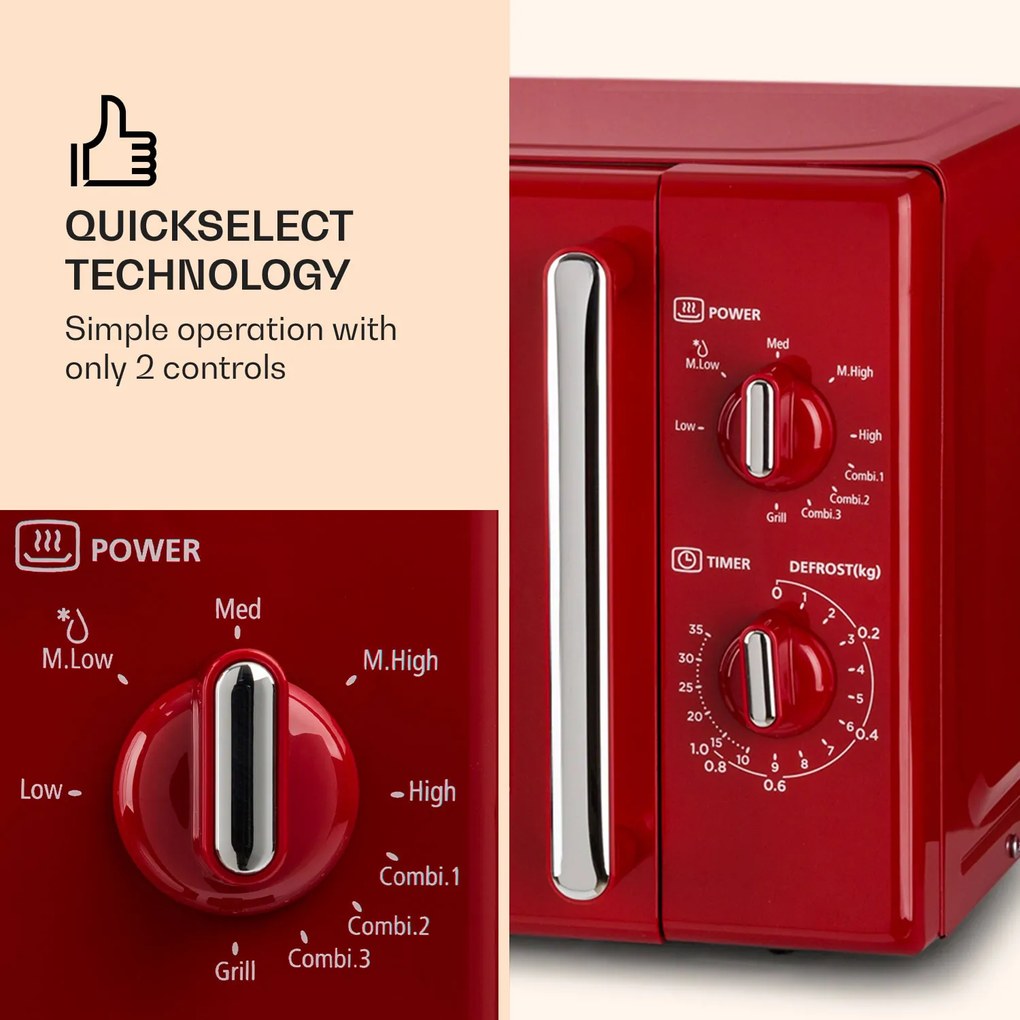 Klarstein Caroline, mikrohullámú sütő, 20 l, 700/1000 W, Ø 25.5 cm, QuickSelect, retró, piros