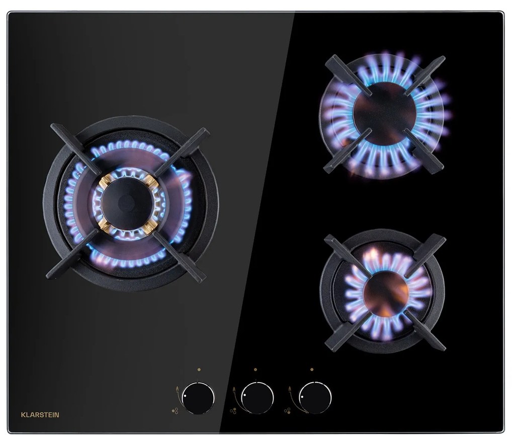 Klarstein Goldflame 3, gázfőzőlap, 3 Messing égő, üvegkerámia