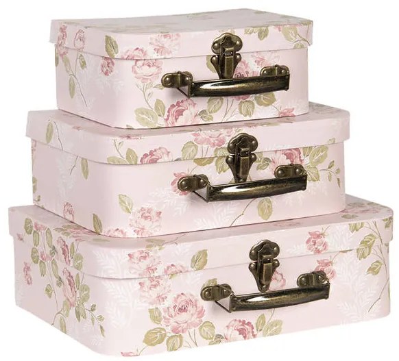 Bőrönd alakú, halvány rózsaszín, rózsás 3 darabos kartondobozszett