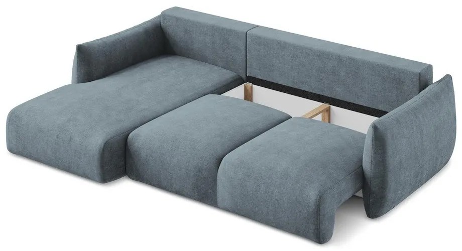 Kék zsenília kinyitható sarokkanapé (bal oldali-heverő résszel) Leila – Makamii