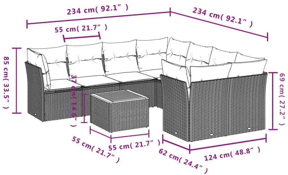 9 részes fekete polyrattan kerti ülőgarnitúra párnákkal