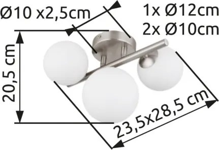 Globo 56140-3W Mennyezeti lámpa fém nikkel matt, üveg fehér, HxSzxM: 280x210x190mm, üveg átmérő: 2x10cm, 1x12cm, benne 3x G9 LED 3.5W 230V, 350lm forrás, 80lm kimenet, 3000K
