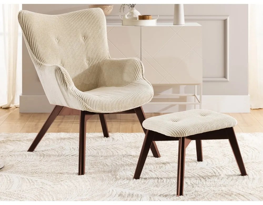 Bézs kordbársony fotel lábtartóval Niko – Ropez