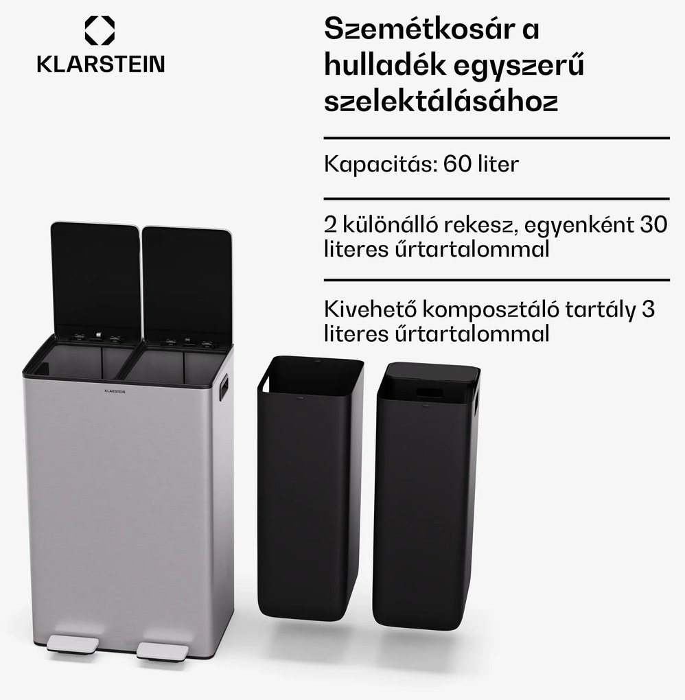 Klarstein Eco Vista, hulladékgyűjtő komposztálóval, 60 l + 3 l/tároló, + komposztáló, Soft-Close