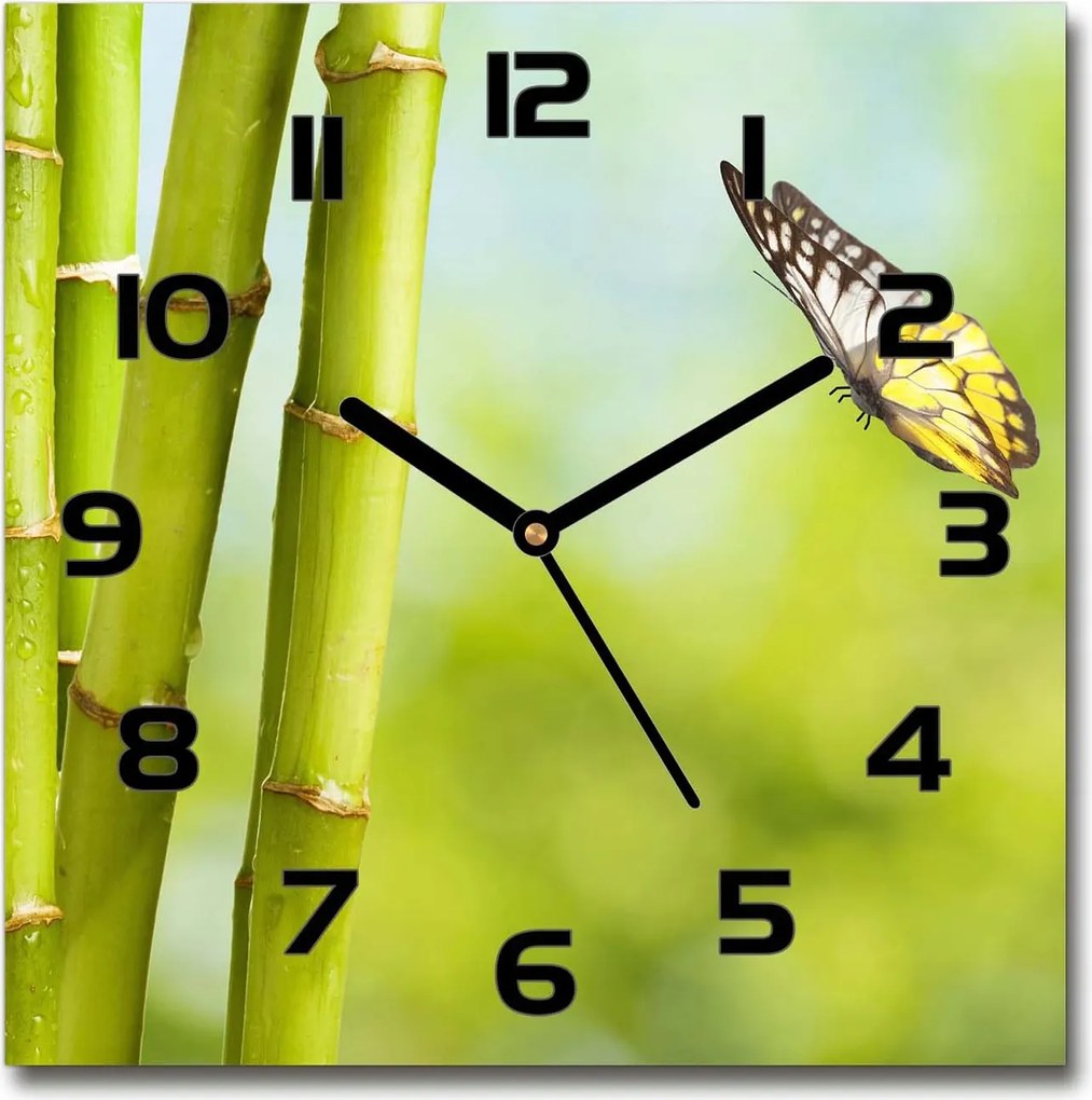 Üveg falióra négyszögletes Bambusz és pillangó 30x30 cm