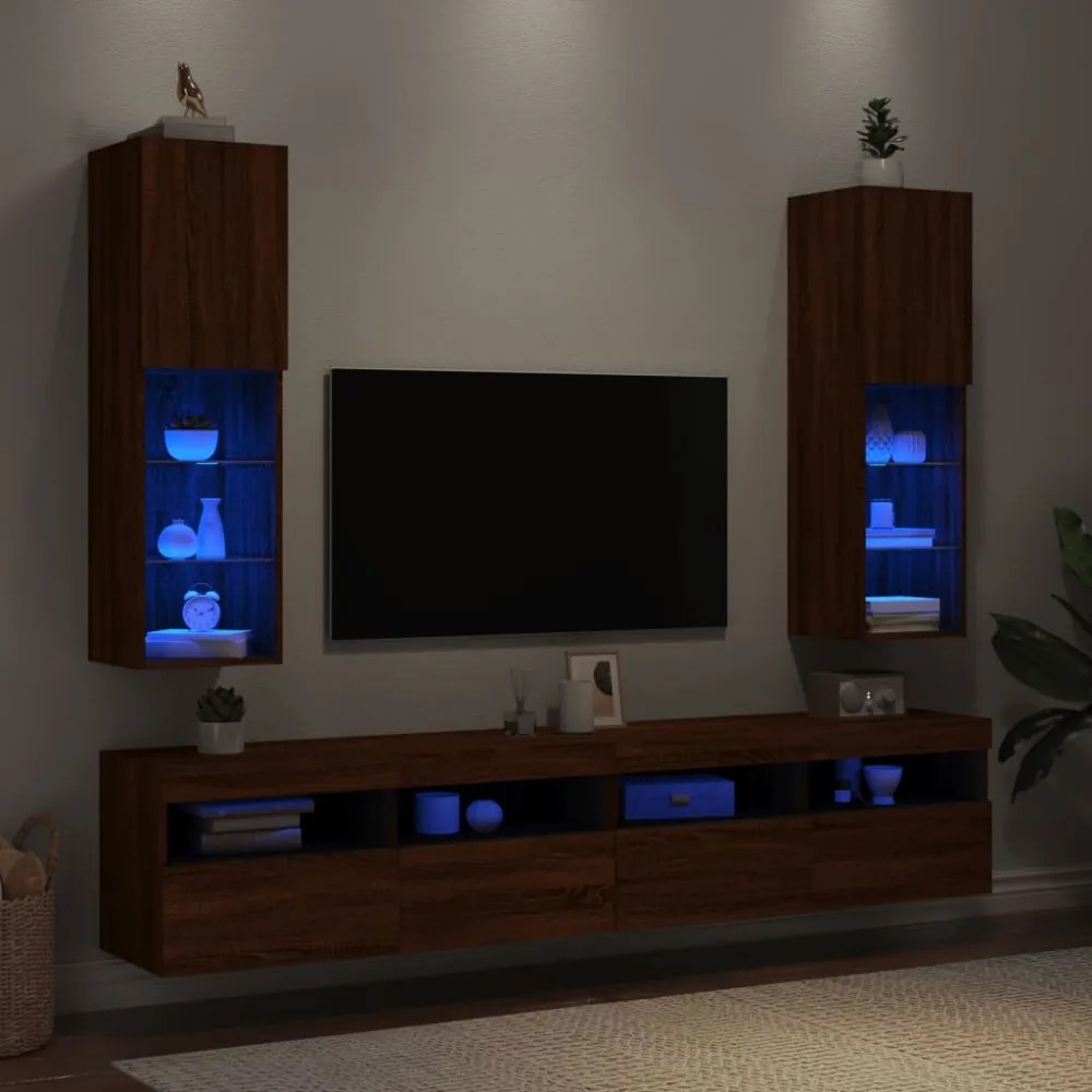 2 db barna tölgy színű TV-szekrény LED-ekkel 30,5 x 30 x 102 cm