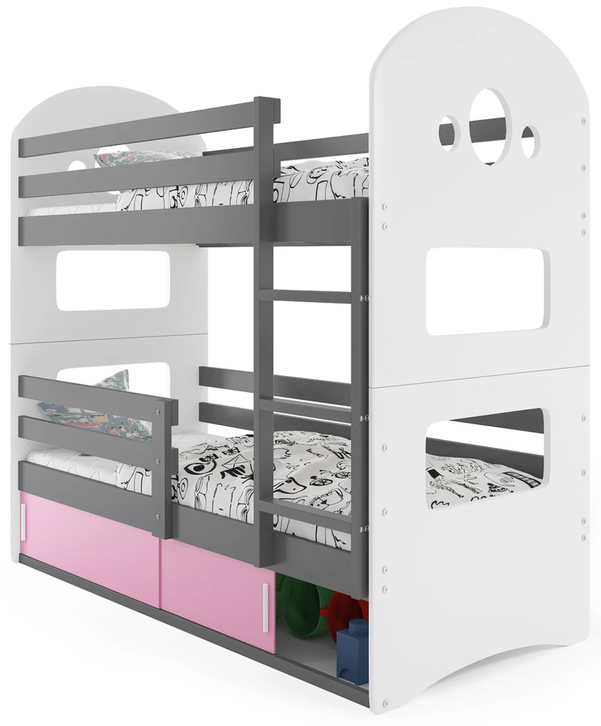 Emeletes ágy 80 x 190 cm Domur (grafit + rózsaszín) (ágyrácsokkal és tárolóhellyel). Akció -29%. 1056533