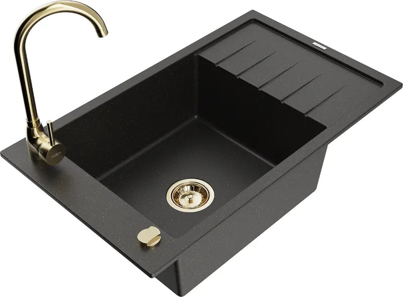 Mexen Elias egymedencés gránit mosogató csepegtetővel és Telma konyhai csappal, fekete/arany - 6511-75-670200-50
