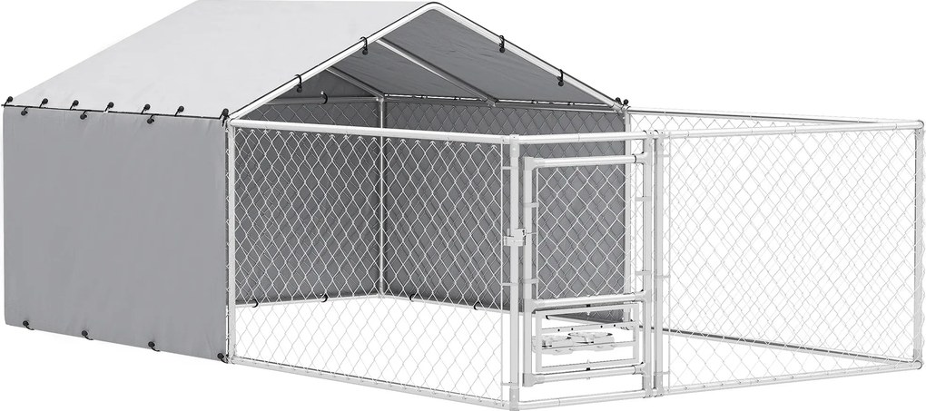 PawHut Kutyakenel UV-álló Vízálló Tetővel és Forgatható Tálakkal, Kutya Kennel Közepes és Nagy Kutyák Számára Acél Zárható Ajtóval, 400x230x150 cm, Ez