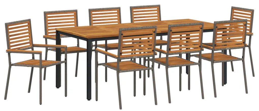 9 Darabos Kerti Étkező Szett Szürke Polirattan Tömör Akáccal, Egymásra Rakható Kerti Székek Párnákkal 2 db Szürke Polirattannal, Kerti Asztal 200x90x75 cm Tömör Akácfa és Fém