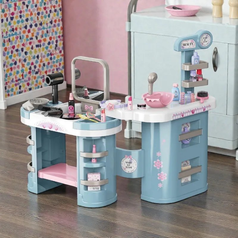 Játék fodrászállomás, elektromos hajszárítóval és hajvasalóval, tükörrel, sminkkiegészítőkkel, több tárolópolccal