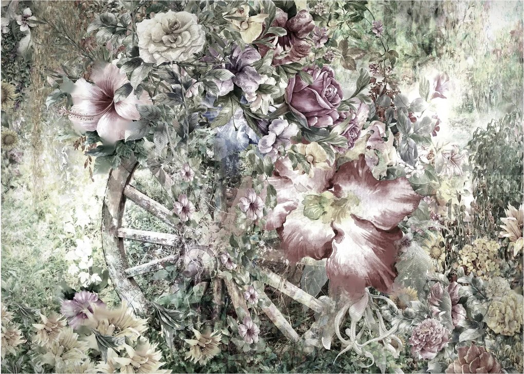 Virágok képe egy fából készült kerékpáron (70x50 cm)