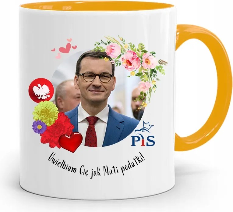 Sárga Politikus Bögre Mateusz Morawiecki Miniszterelnök fényképes nyomtatással