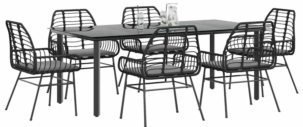 vidaXL 7 részes fekete polyrattan üveg kerti étkezőgarnitúra párnákkal