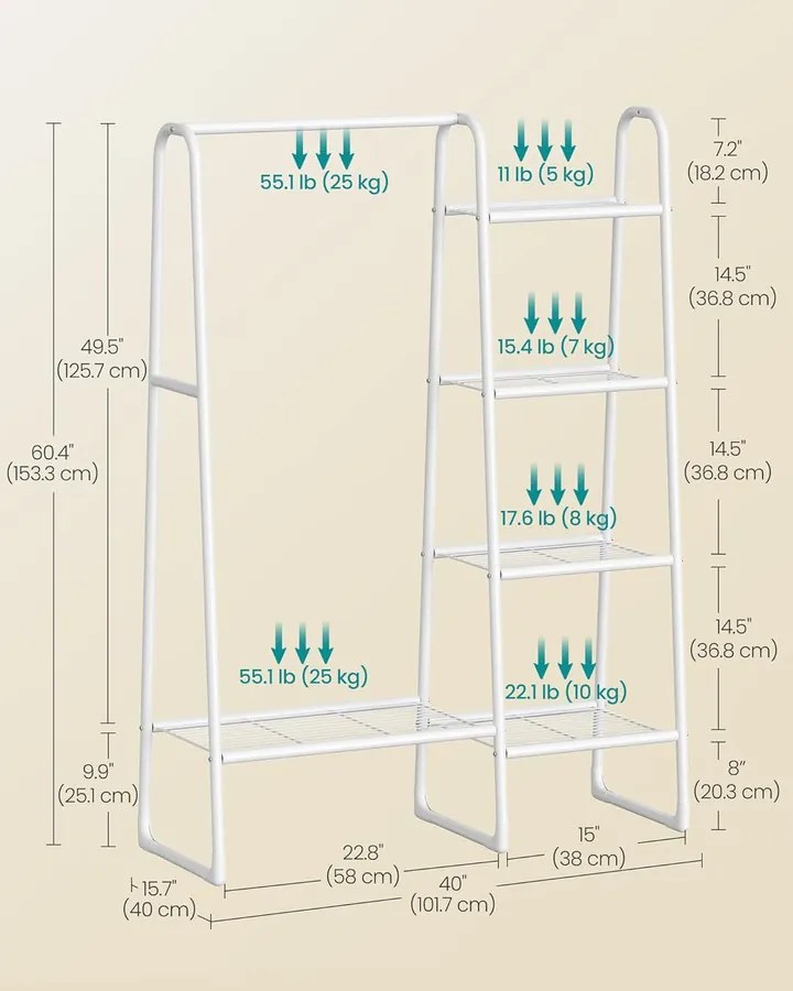 SONGMICS Ruhatartó állvány, ruharúddal és 5 tárolópolccal 40×101×153 cm, fehér