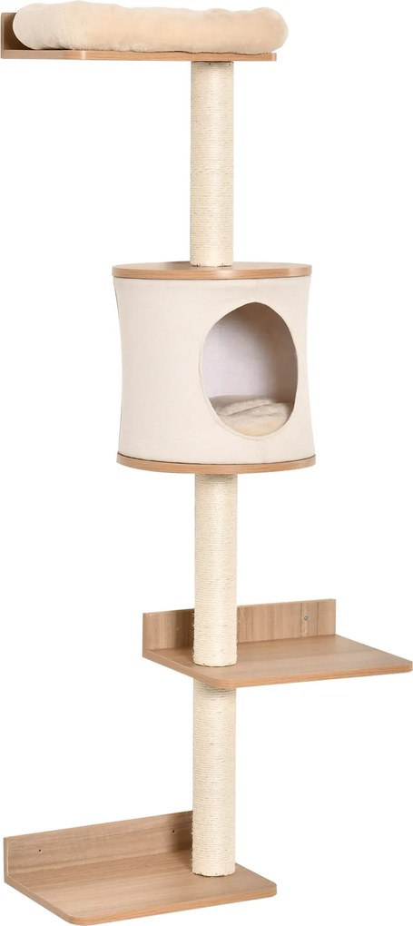 PawHut Falra Szerelhető Macska Fa 38x30x149 cm Több Fából Készült Platformmal, Barlanggal, Felső Ággyal, Mosható Párnával, Zsineges Karcoló Oszlopokka