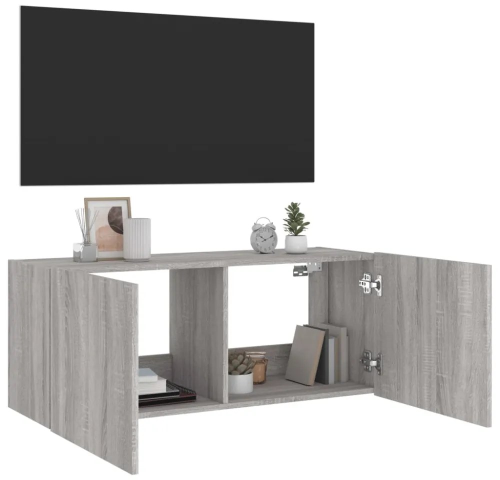 szürke sonoma színű fali TV-szekrény LED-ekkel 100 x 35 x 41 cm