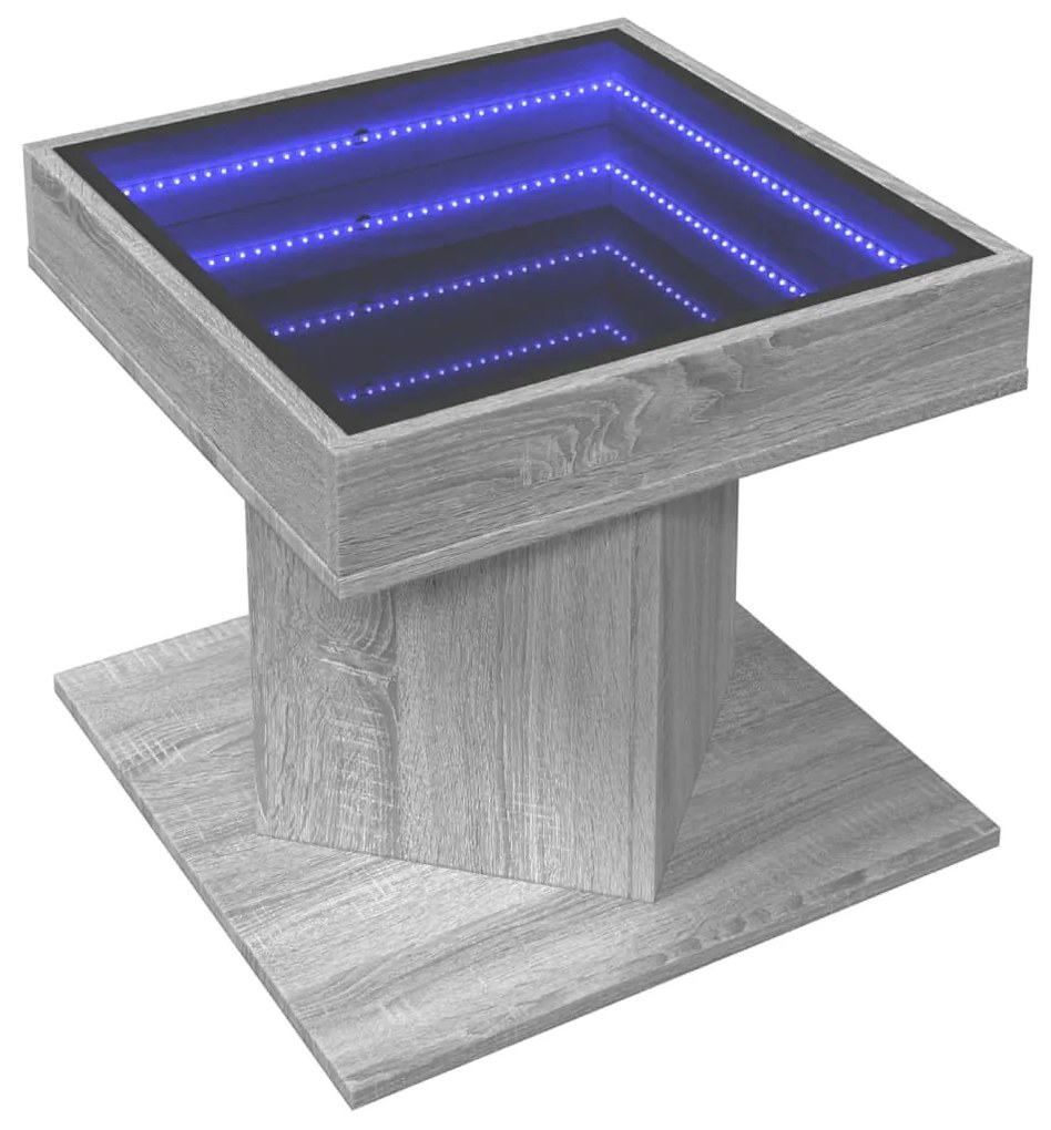 szürke sonoma szerelt fa dohányzóasztal LED-del 50 x 50 x 45 cm