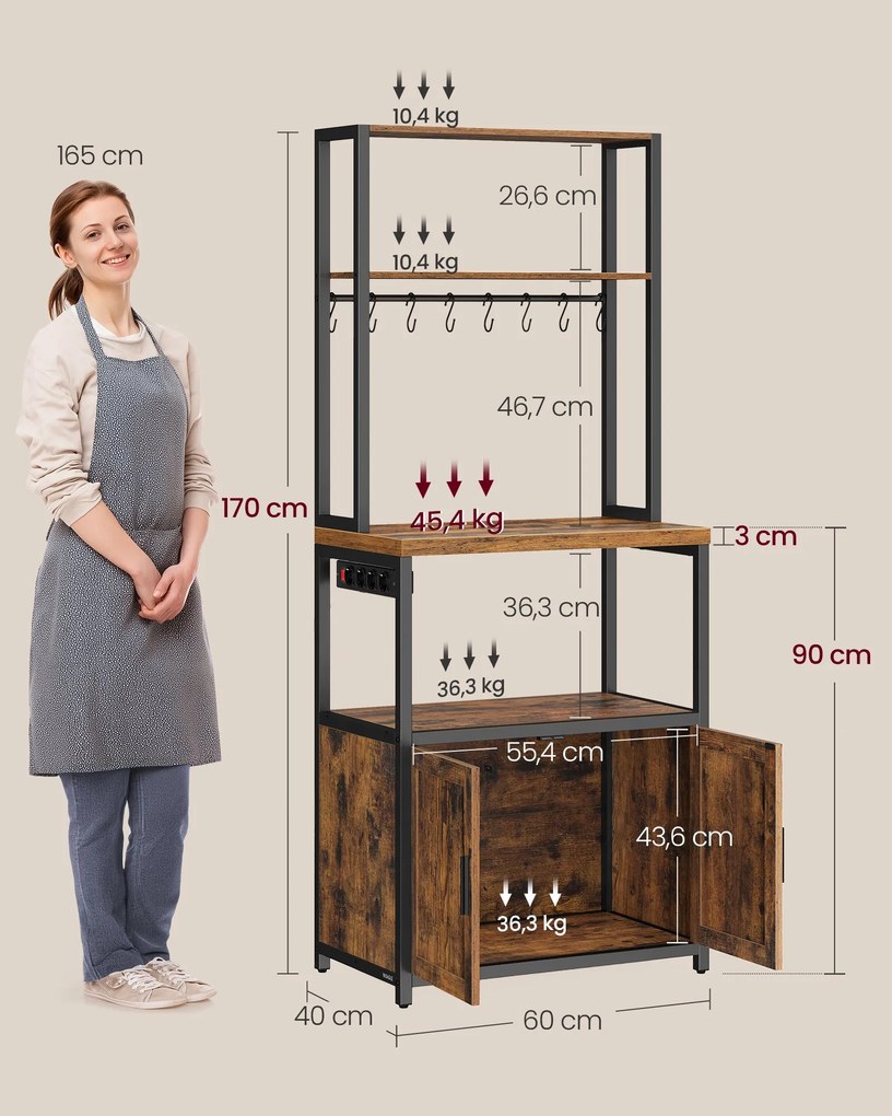 VASAGLE konyhai tárolópolc beépített elosztóval, 40 x 60 x 170 cm, rusztikus barna és fekete