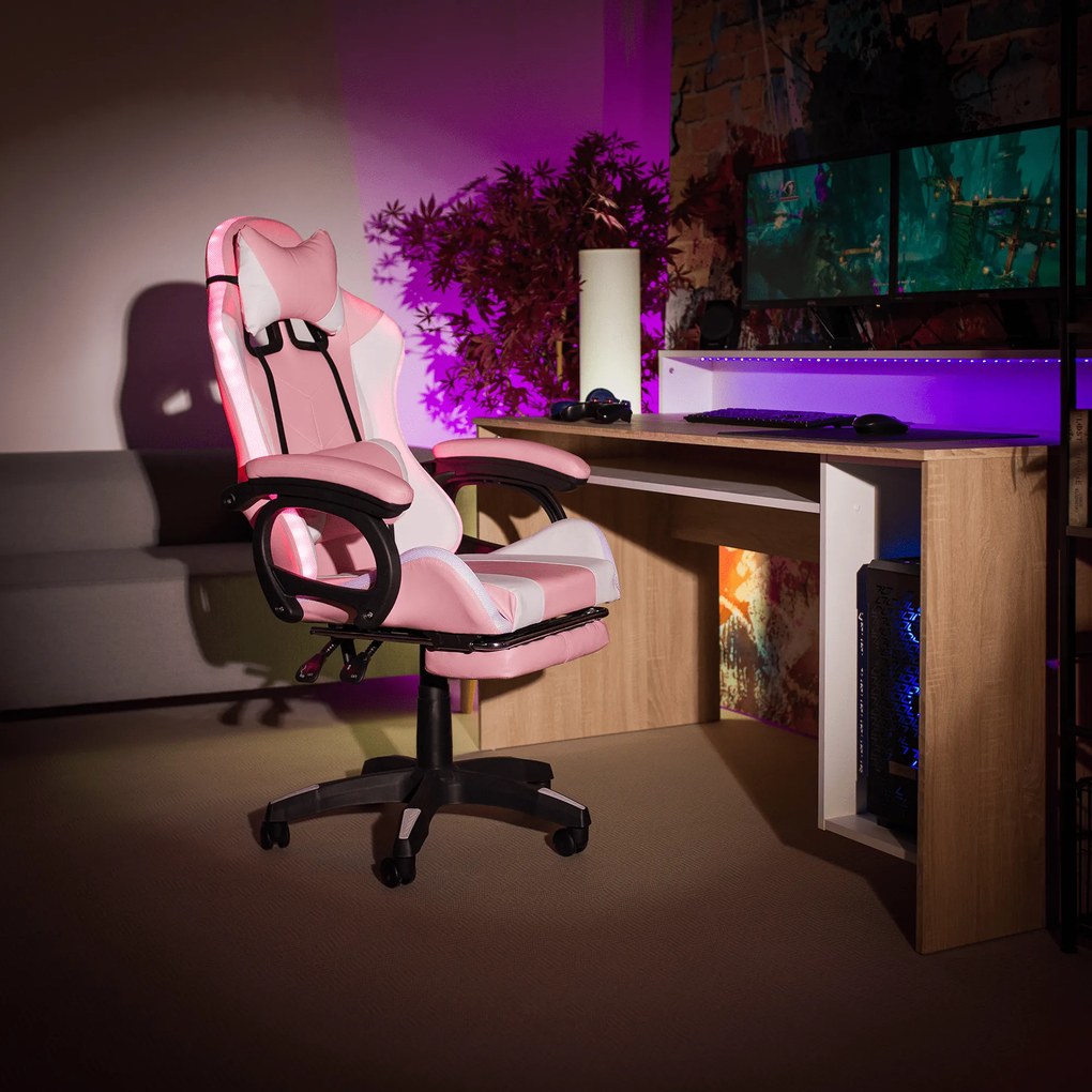Irodai/gamer szék RGB LED világítással, rózsaszín/fehér, JOVELA
