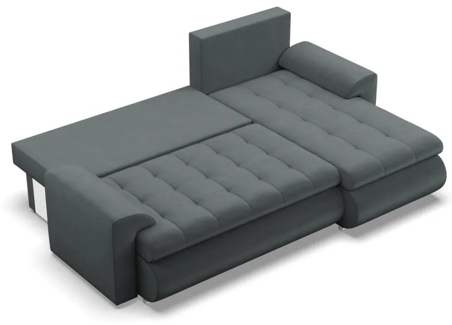 Tokio sarokkanapé, 2 ágyneműtartóval, bársony, jobboldali, szürke